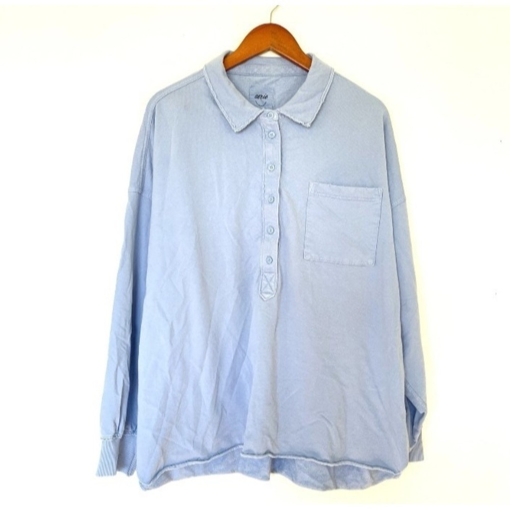 American Eagle Womens Small Shirt Light Blue Collared Henley Oversized Lounge
